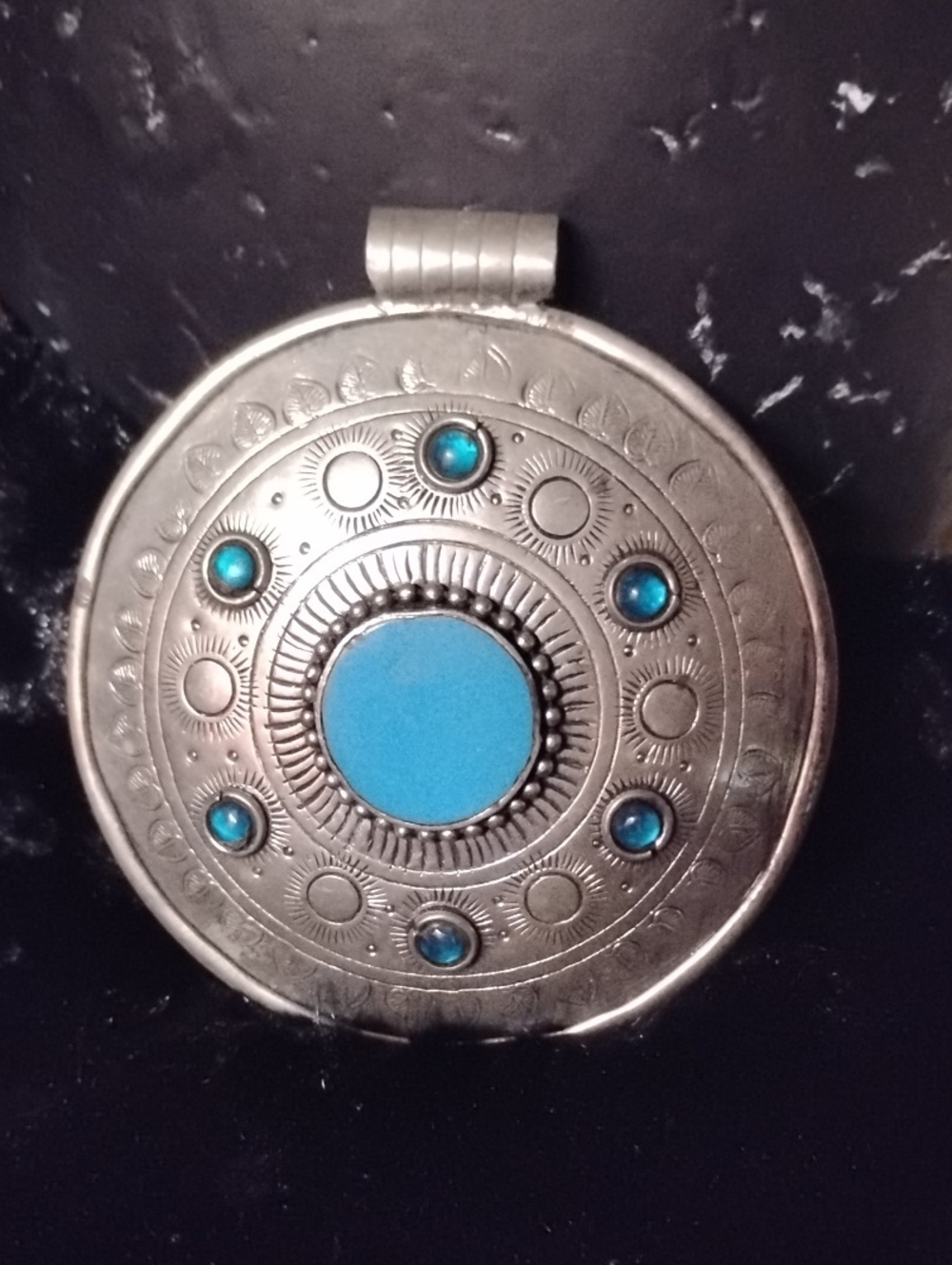 Silver-Tone Turquoise Accent Round Pendant Necklace - Blue Huge 3.5" Pendant